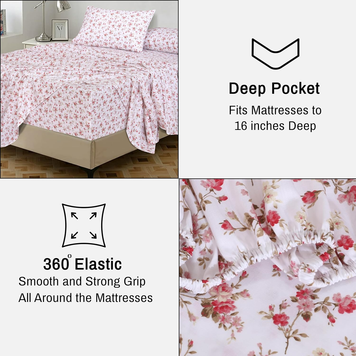 RUVANTI 100% Cotton King Size Sheets Set, 4 Pieces, Soft & Breathable Percale Weave Bedding, Deep Pocket 16", Hotel Standard, Crisp Cool Feel, Durable, Perfect Floral Bed Sheet, Bouquet image number 5