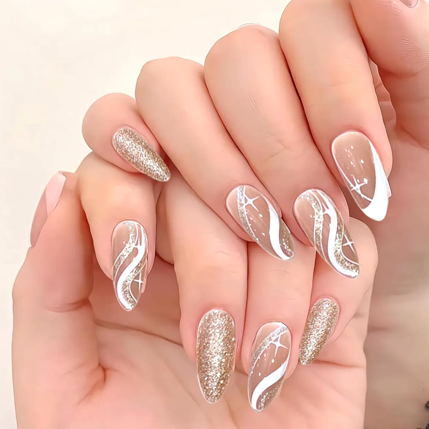 BUOKSLLY 24 Pieces Almond Shape Push on Nails, Matte Black & Gold Glitter, Nail Art Set, Stick on Nails for Daily Use, Party & More