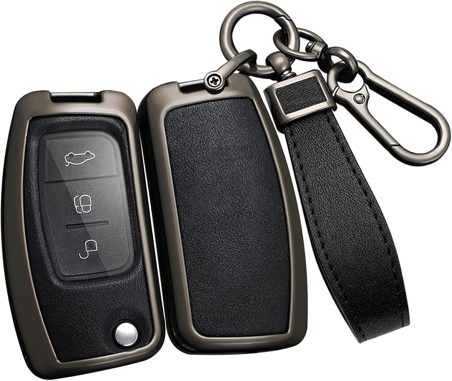 Ontto Alloy Car Key Fob Cover Fit for Ford Focus 2 MK2 Fiesta Mondeo Galaxy Falcon Territory Ecosport 3 Buttons Smart Leather Key Case Keyring Key Shell Holder Bag Keychian