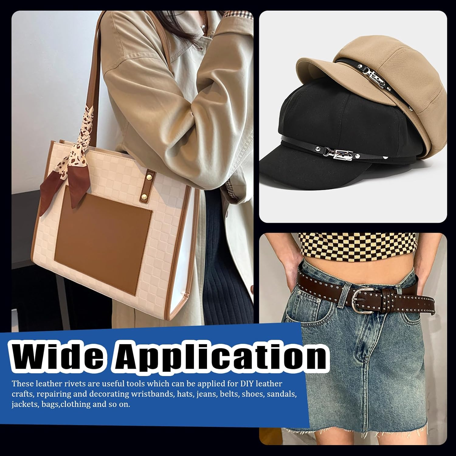 Glarks 600 Sets Leather Rivets with 3Pcs Setting Tool Kit, 4 Colors 3 Sizes Double Cap Rivets Tubular Metal Studs Leathercraft Rivets for Bags Clothing Shoes Leather Craft - 360 Sets + Hammer image number 7