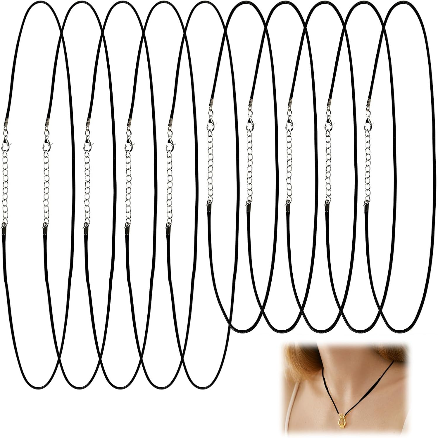 10Pcs Necklace Cord, 2Mm Black Leather Adjustable Necklace Waxed Cord with Lobster Clasp, Soft Rope Long Chain Ropes Wax Rope Chain Braided String Fine for DIY Pendant Making Bracelet Necklaces image number 6