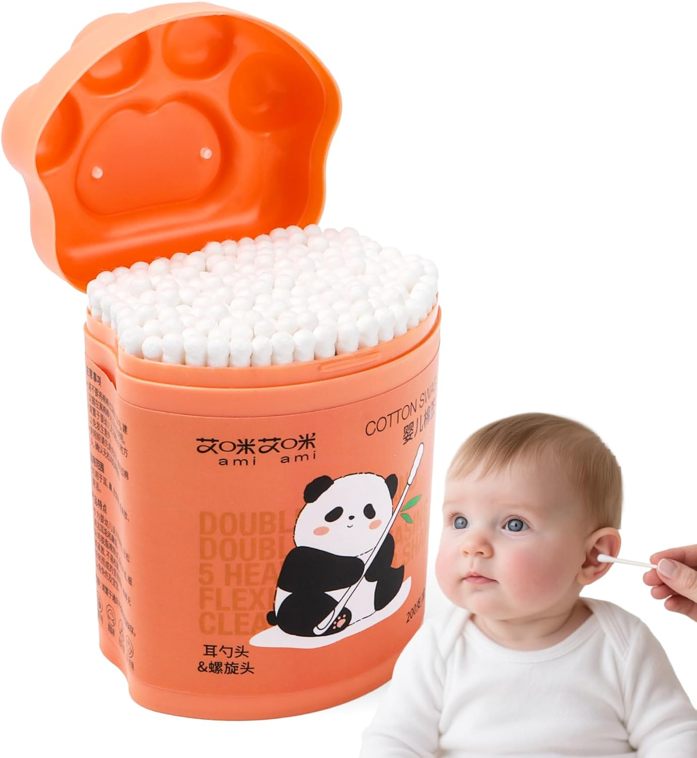 Baby Cotton Swabs in Cat Paw Case &ndash; 200Pcs Dual-Ended Ear Swabs with Scoop & Spiral Tips, Safe & Gentle for Infant Ear and Nose Cleaning, Orange image number 1