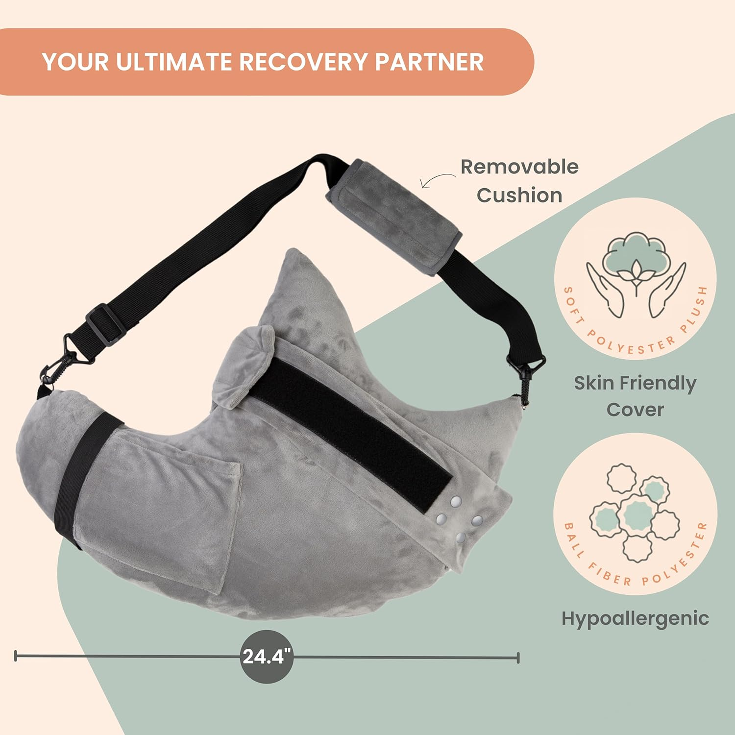 MOYOAMA Post Shoulder Surgery Pillow with Pocket- Rotator Cuff Pillows for Sleeping, after Surgery Must Haves, Rotator Cuff Sleeping Pillow- Moonlight Grey, with Arm & Shoulder Strap (L) image number 5