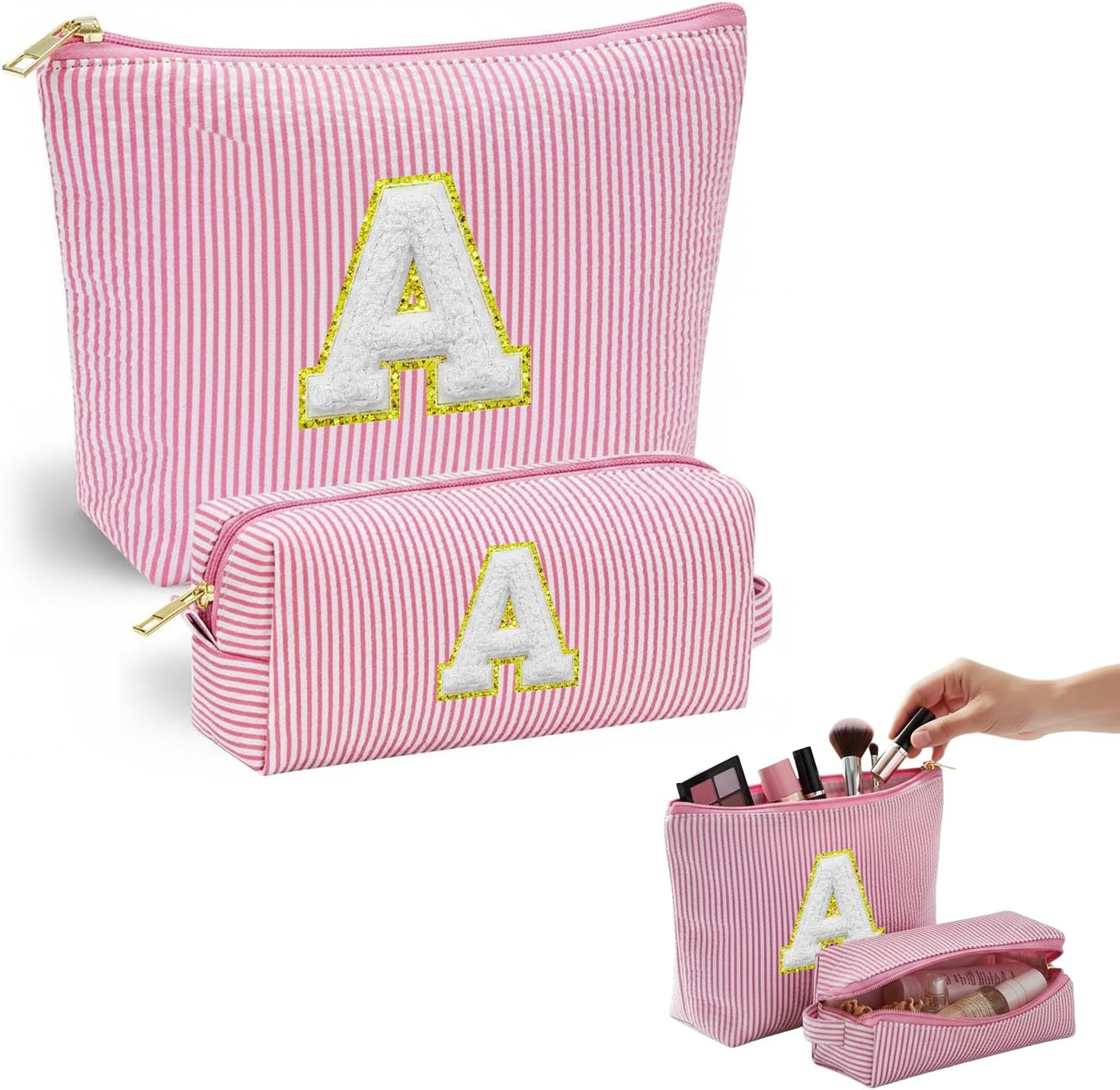VLYX Personalized Make up Bag - Large Capacity Cosmetic Bags for Women A-Z Initials, 2 Pack - Portable Toiletry Bag, Birthday Gifts Idea, S