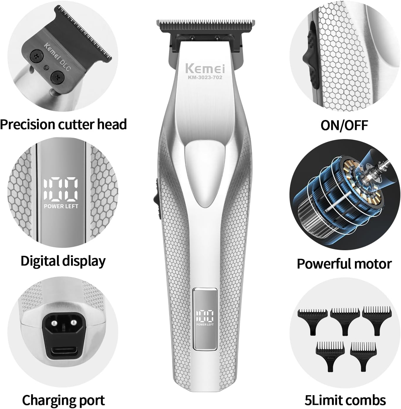 KEMEI KM-3023-702 Professional Hair Clipper for Men, Zero Gapped Cordless Beard Trimmer, Barber Clippers with USB Rechargeable, Edgers, Fade Clipper, Gift for Men image number 1