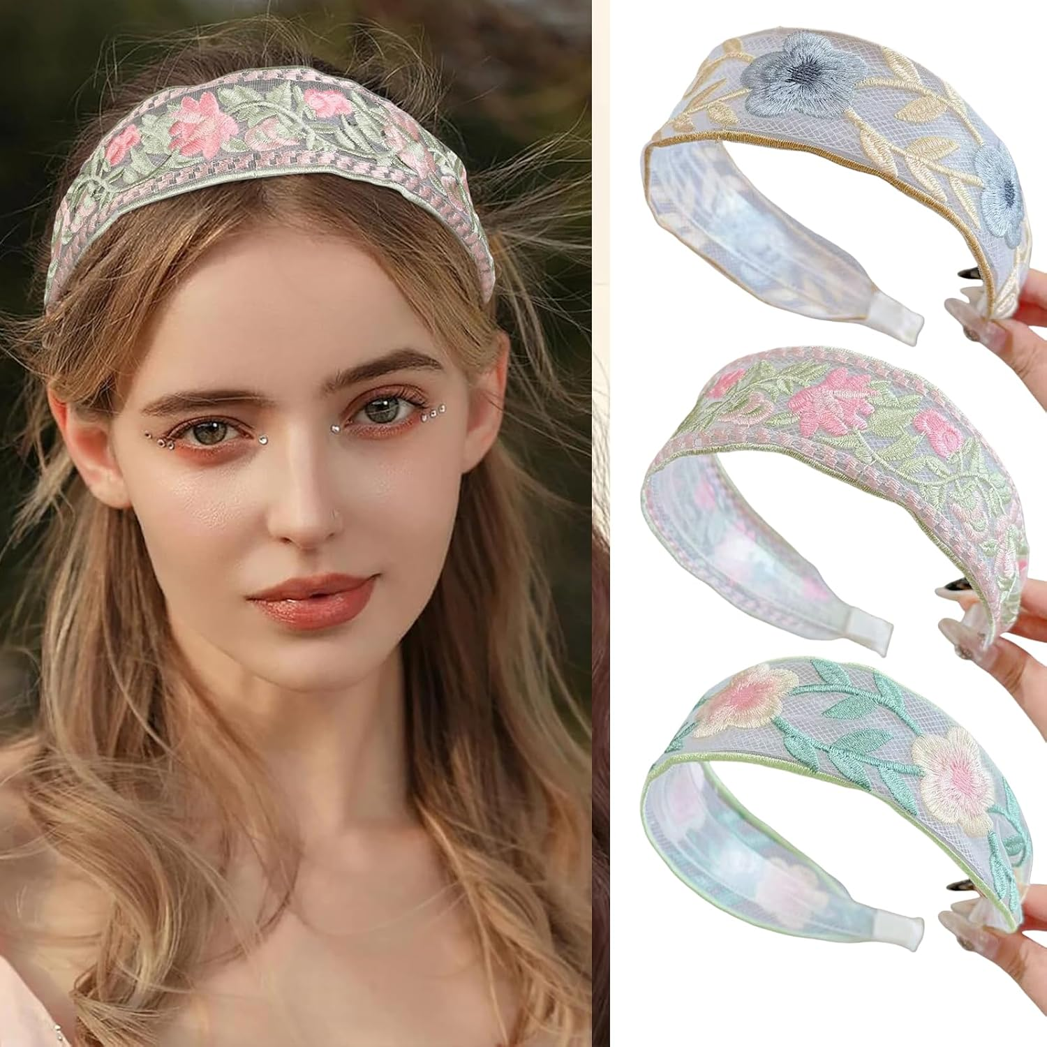 Charmburst Pack of 3 Women'S Hair Bands with Floral Embroidery, Wide Soft Headband for Spring and Summer, Colourful Trendy Headbands for Girls and Women image number 3