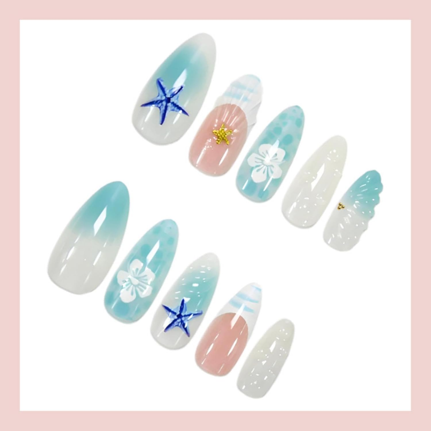 24Pcs 3D Mermaid Press on Nails | Blue Ocean Starfish & Shell Design | Medium Almond False Nails 12 Sizes + Nail File + Jelly Glue | Fake Nails for Women Girls image number 6