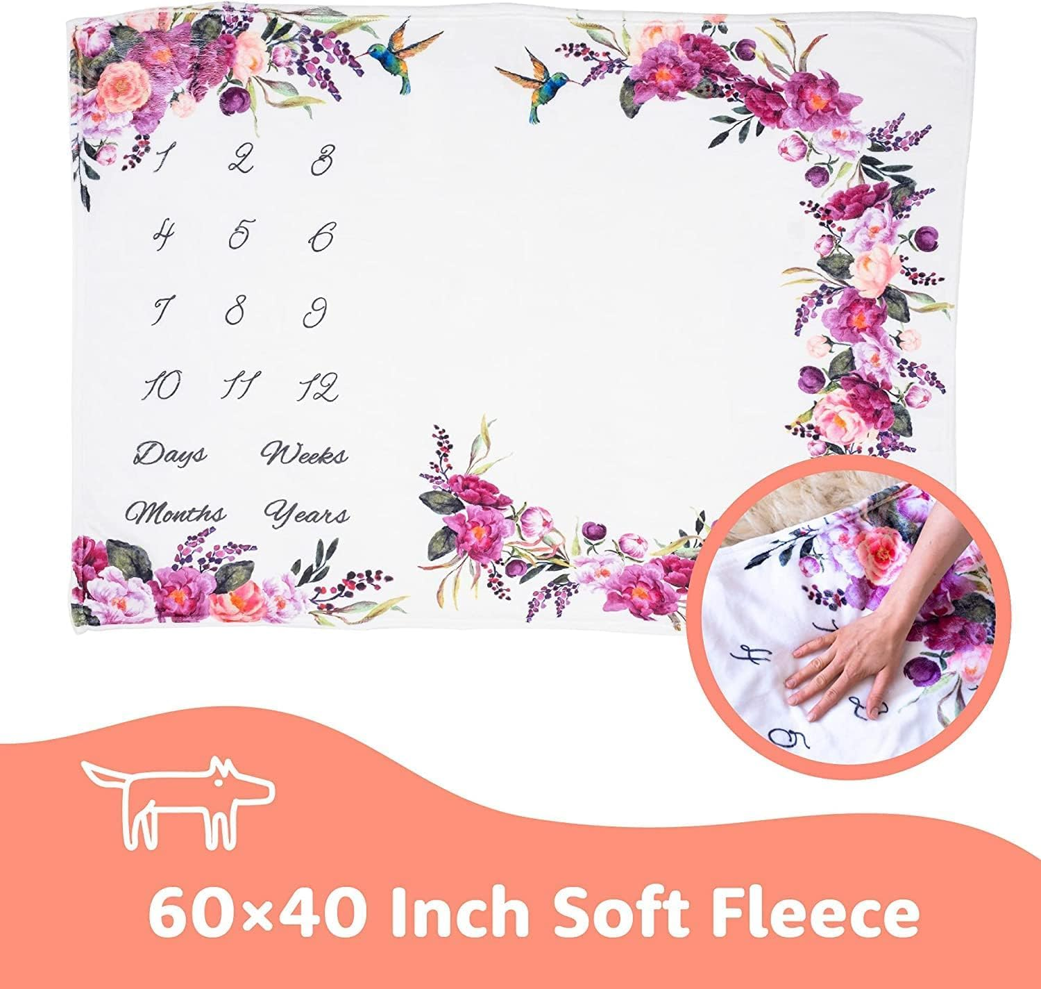 Baby Monthly Milestone Blanket Girl - Floral Plush Fleece Baby Photography Backdrop Memory image number 3