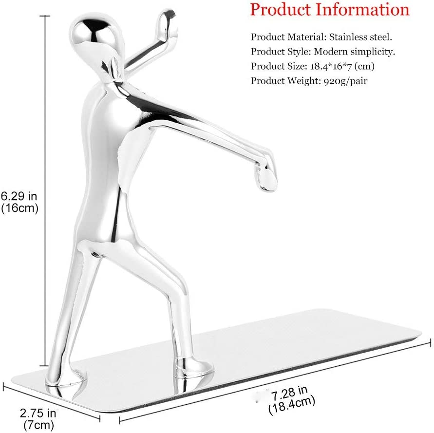 Merrynine Heavy Duty Bookends, 2 Pack Stainless Steel Kung Fu Man Book End, Creative Metal Book Shield for Home Office Library Decoration,Fashion Gift image number 2