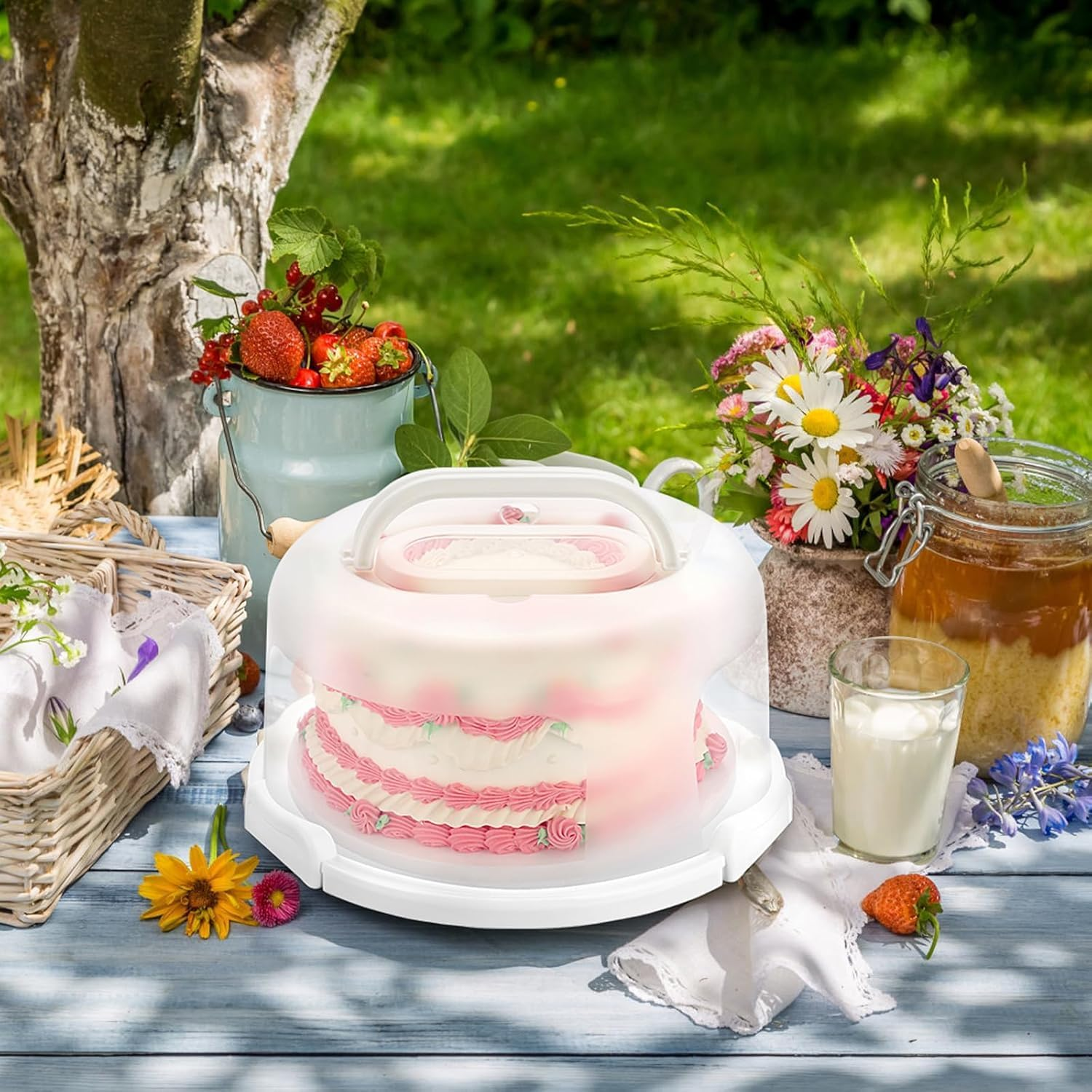 Cake Tray with Lid, 11 Inch round Cake Stand, Spacious Design for Large Cakes, Reliable Locking System, Clear Lid, Portable, White, Polypropylene, 100% Polypropylene image number 5