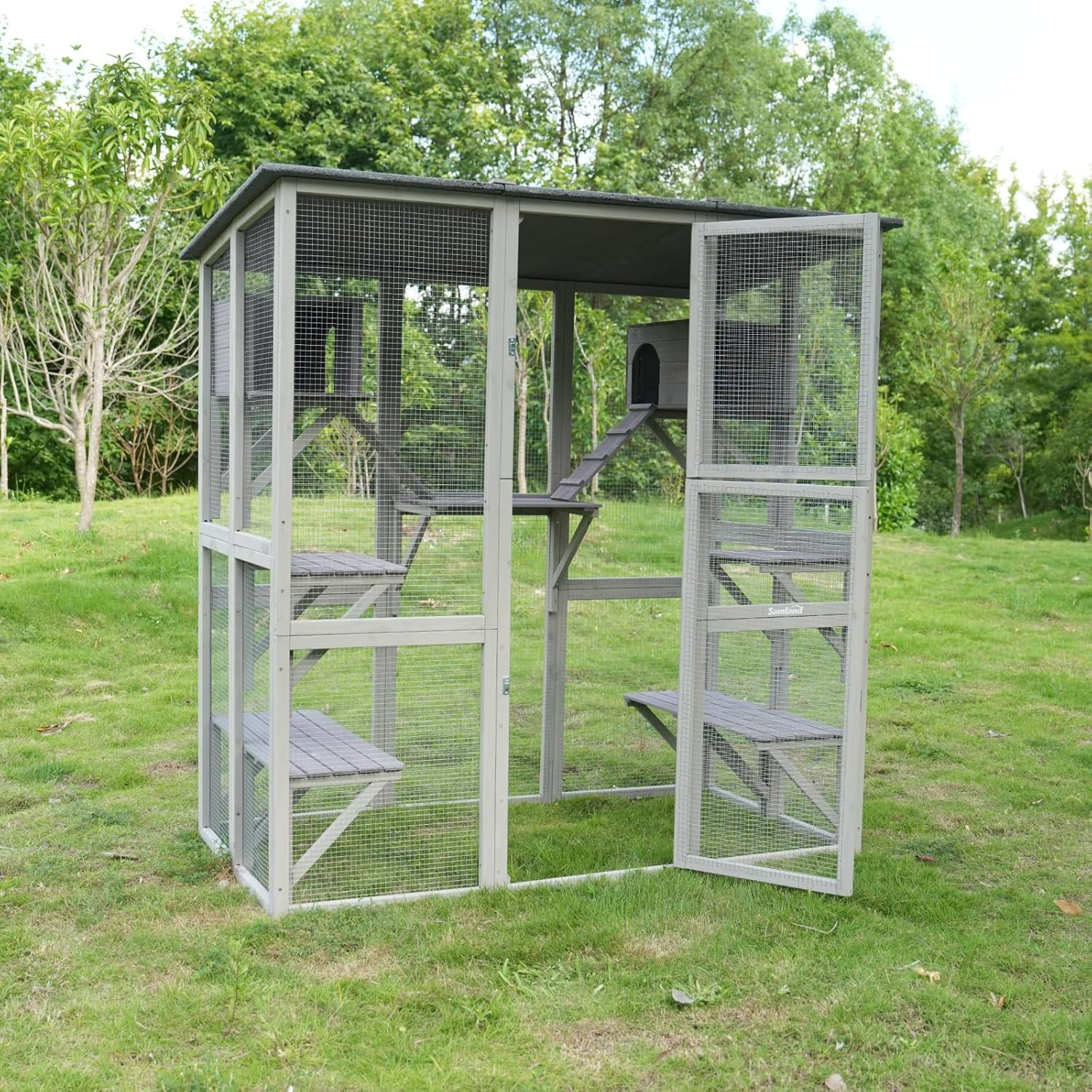 Samland Extra-Large Cat House Outdoor/Indoor Walk-In Enclosure with Huge Door, Wooden Playpen with Platforms & Small Houses &ndash; Spacious Design for Multiple Cats, L181 X W97 X H181Cm image number 5