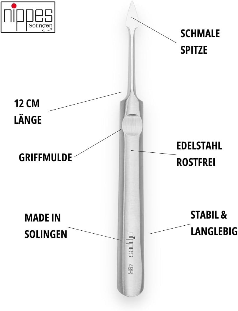 Nippes Solingen, Nail Cleaner Stainless Steel 12 Cm Length Cuticle Pusher Nail Pusher Cuticle Remover for Manicure or Pedicure Made in Germany Silver