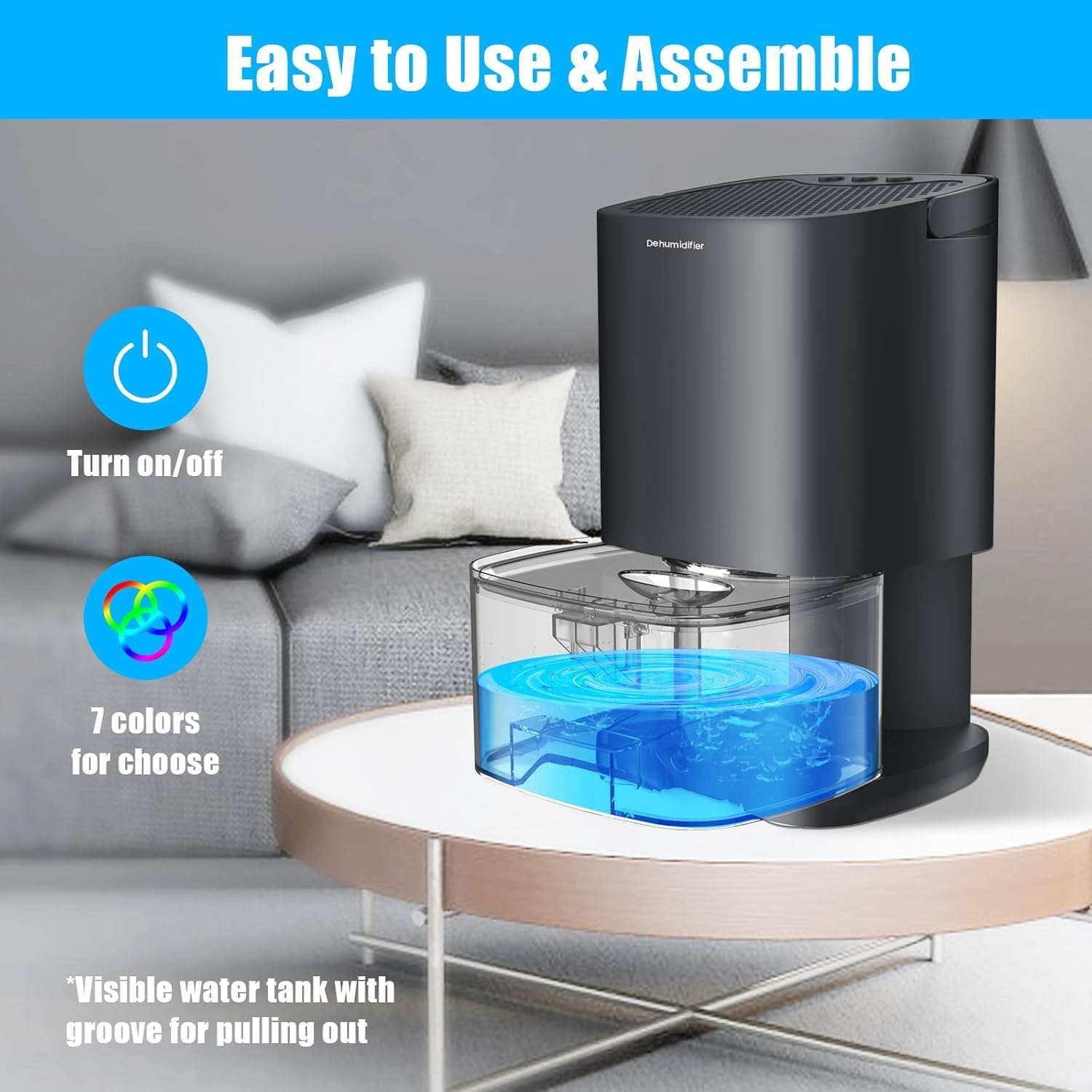 Small Dehumidifier for Home &ndash; Ultra Quiet Dehumidifier Moisture Absorber with Auto Shut Off, 7 LED Lights, Portable Mini Dehumidifiers for Bedroom, Bathroom, Closet, RV, Black image number 1