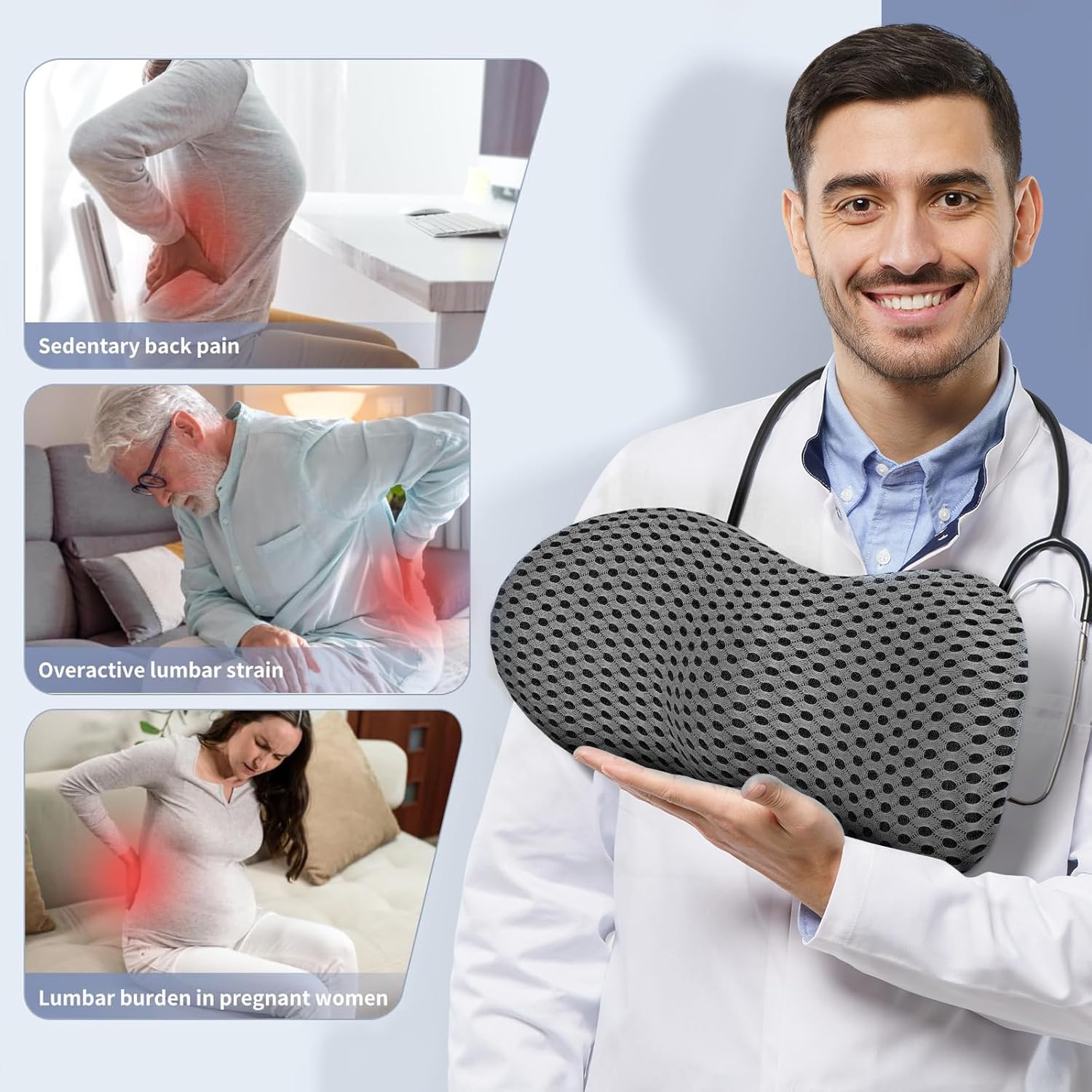 Lumbar Support Pillow Memory Foam Back Support Pillows for Car Seat Office Chair Gaming Chair Back Support Cushion with Skin-Friendly Cover & Adjustable Straps Travel Lumbar Support Pillow