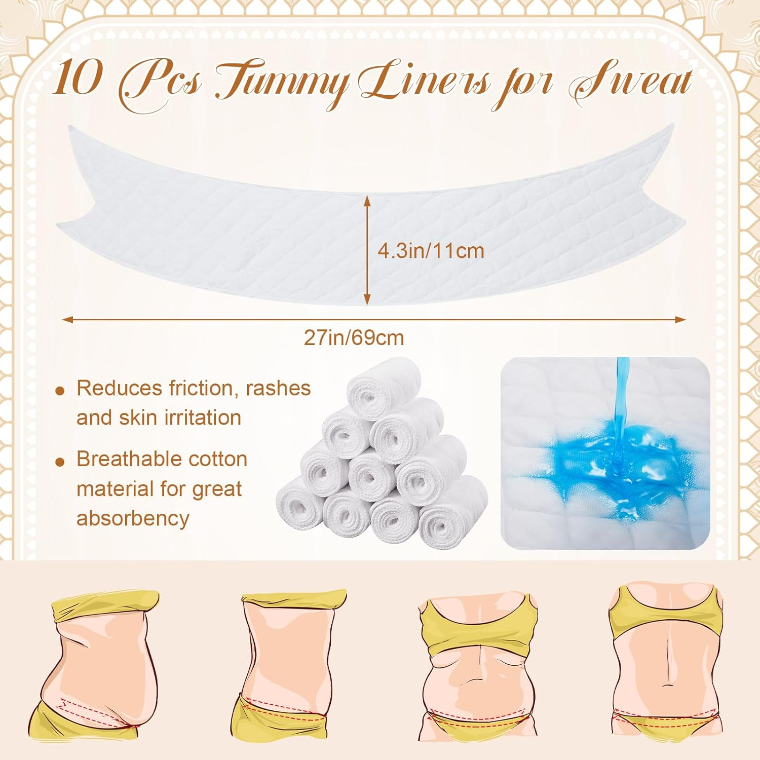 Wesnoy 10 Pcs Tummy Liners for Sweat Rash Cotton under Belly Sweat Liners plus Size under Belly Perspiration Absorber Pads Belly Band for Skin Rash, White, Xx-Large image number 7