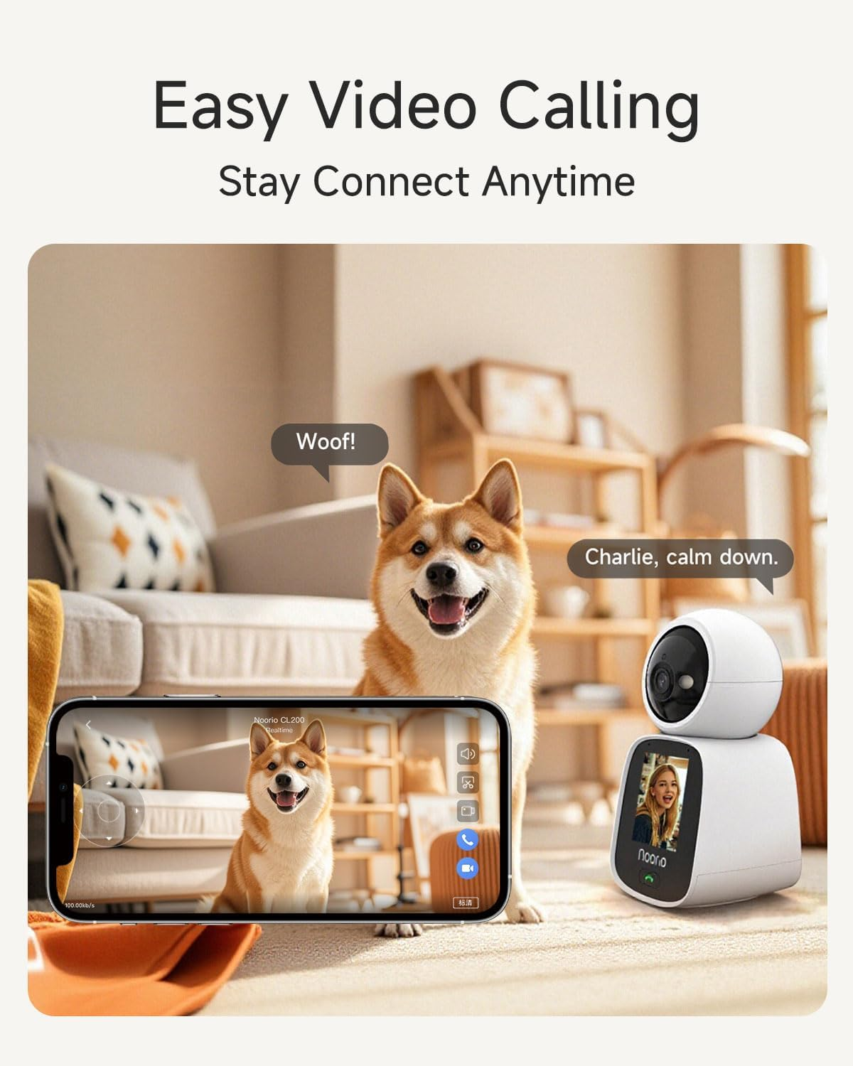 Noorio 2-Way Video Calling Camera, One Click Call 2K Security Camera Indoor, 360&deg; Pan/Tilt Pet Cam with Phone App, Color Night Vision Baby Monitor/Dog/Pet, CL200 image number 4