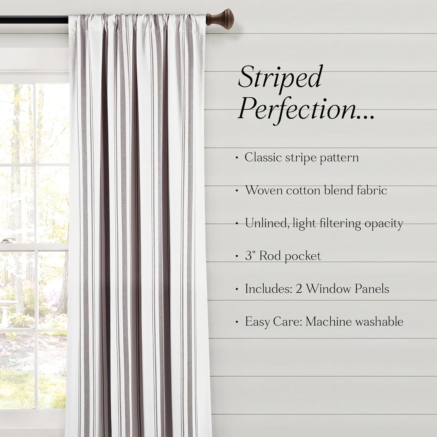 Lush Decor Farmhouse Stripe Yarn Dyed Eco-Friendly Recycled Cotton Window Curtain Panel Pair, 42" W X 63" L, Gray - Classic Modern Rustic Charm - Eco Friendly Cotton Fabric