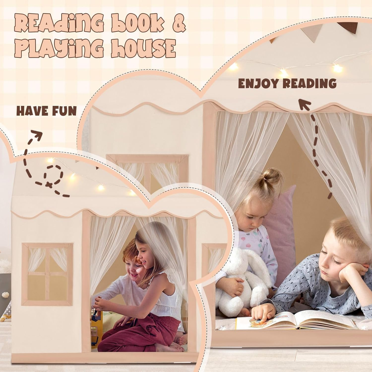 KIDBOT Kids Play Tent, Large Playhouse for Kids, with 3 Breathable Windows, Star Lights & Flag Banner Included, Toddler Tent for Boys & Girls, Beige - Model1-Beige image number 3