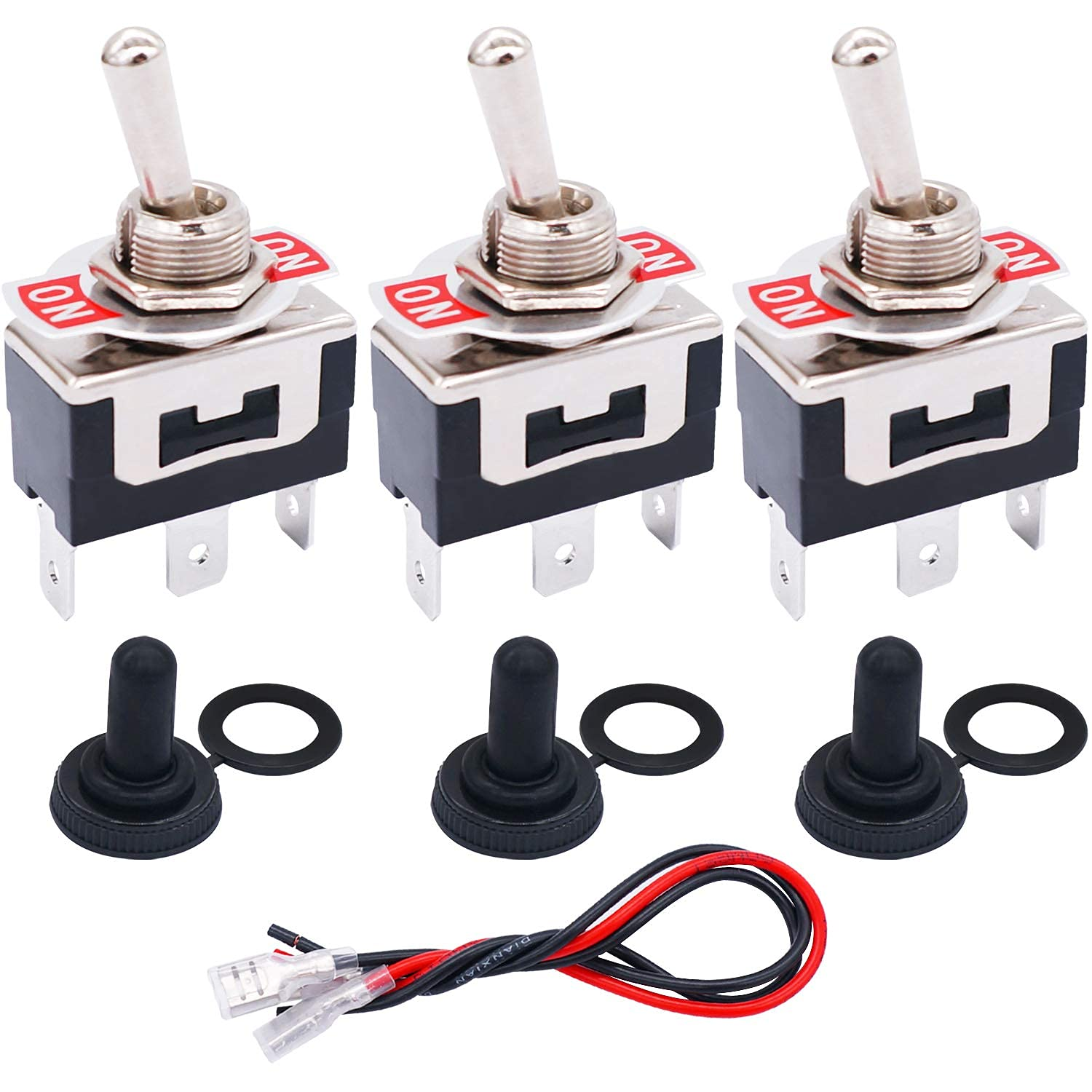 Taiss/3 Pcs Rocker Toggle Switch Heavy Duty 4 Pin 2 Position On/Off DPST 16A 250VAC Spade Terminal Metal Bat Switch with Waterproof Boot Cap and 6.3Mm Terminal Wires TEN-1221MX-B201 image number 3