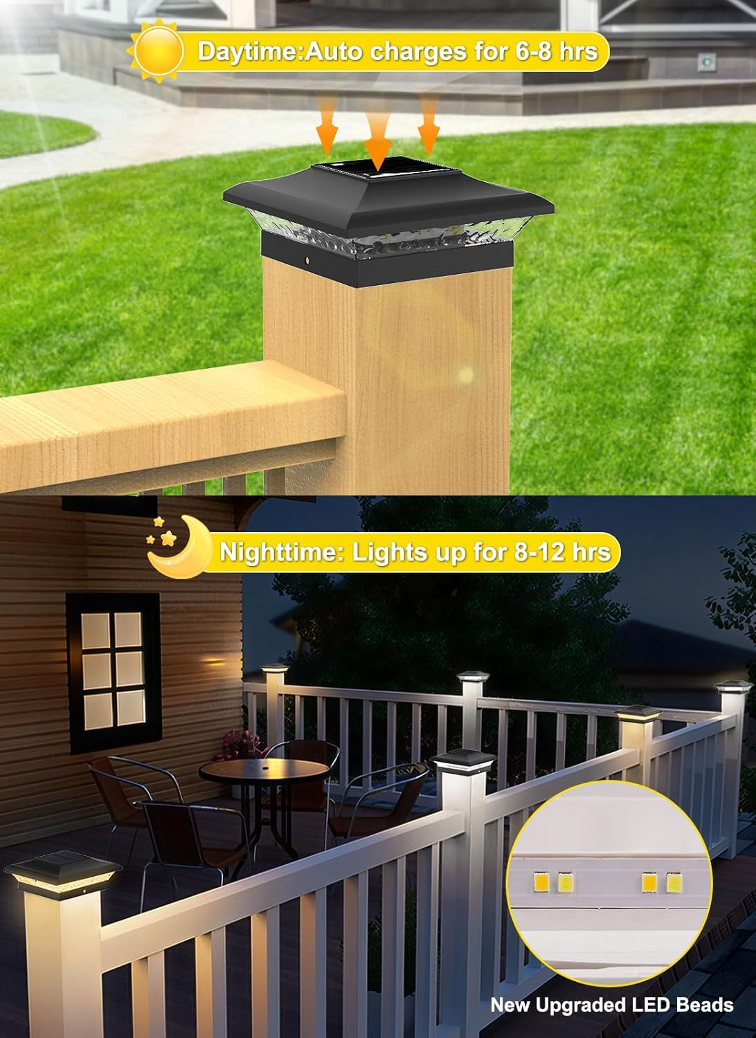 T-SUN Solar Post Cap Lights 6 Pack for 4X4 Vinyl/Wooden Posts, Waterproof Outdoor Warm/Cool White（3000K/6000K） Solar Powered Deck/Garden/Patio Lighting image number 3