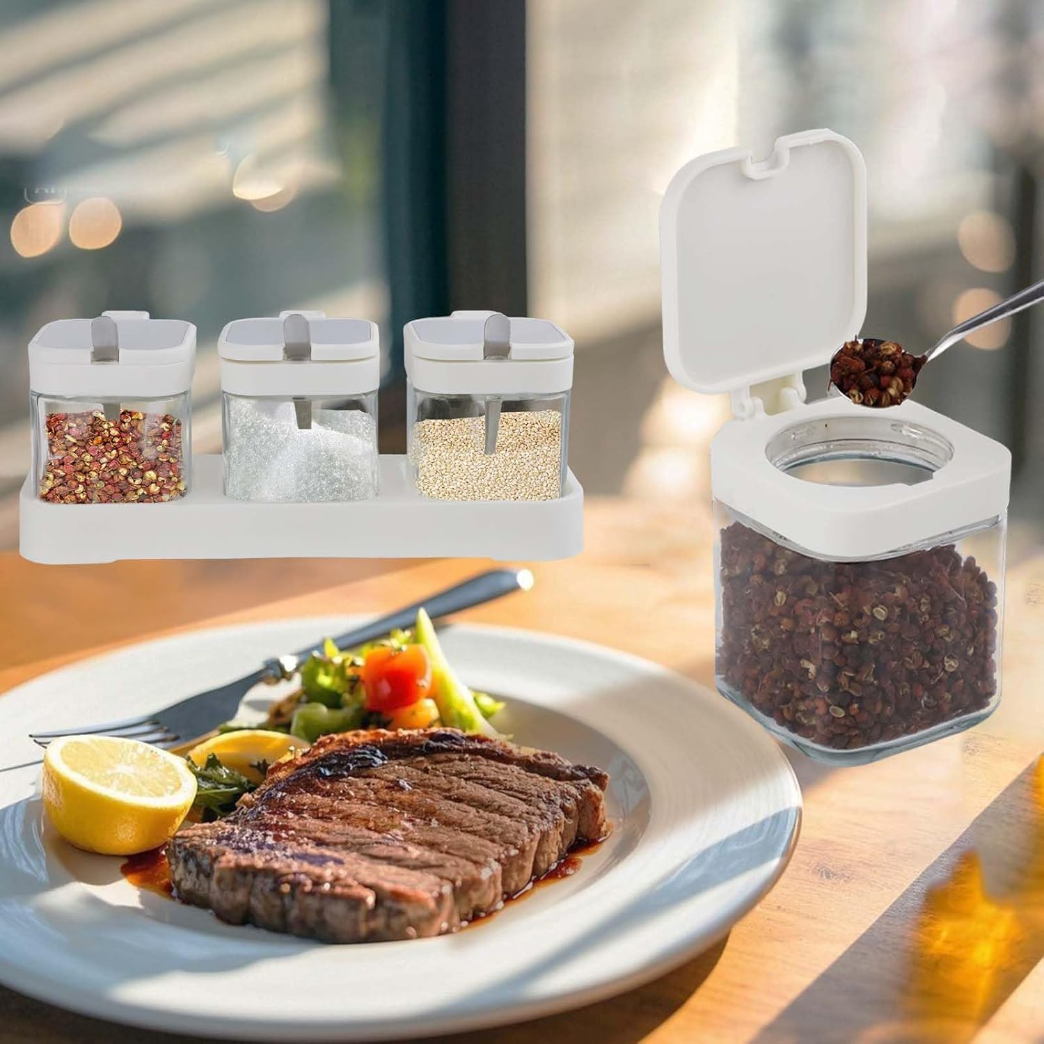 DIYJEP Pack of 3 Spice Jars with Stainless Steel Spoon, Flour Sugar Salt Storage, Glass Square Spice Containers with Lid and Base, Storage Jars, Salt Jar, Spice Box for Kitchen, Seasoning, Tea (White) image number 2