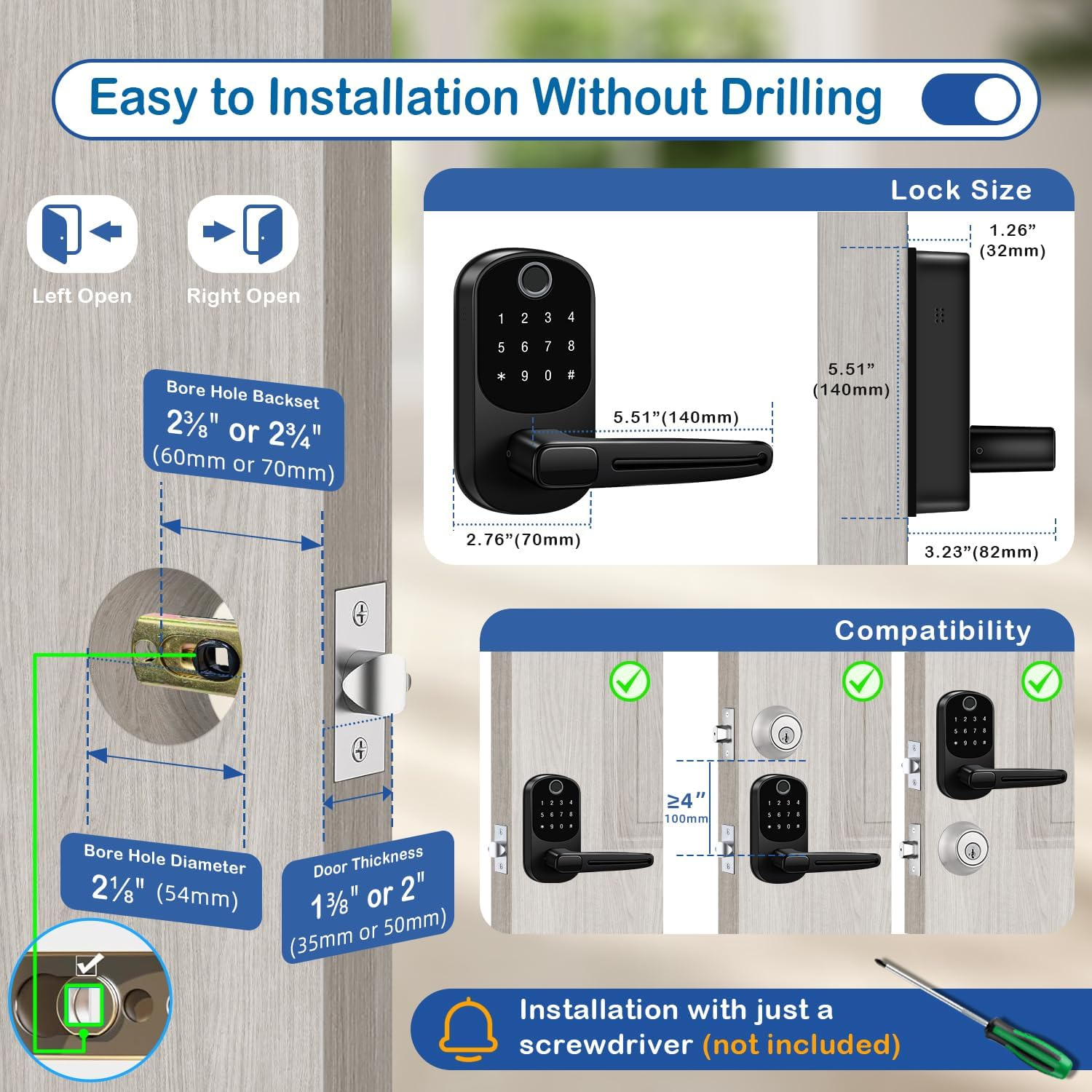 Smart Door Lock with Handle, Keyless Entry Door Locks, 8-In-1 Fingerprint Keypad Deadbolt Lock, Smart Locks for Front Door, Digital Door Knob Lock for Interior, Exterior, Home image number 1