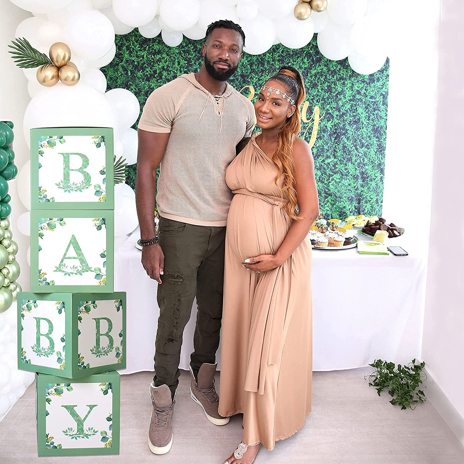 Sage Green Baby Shower Boxes for Birthday Party Decorations - 4 Large BABY Blocks with 4 Set of Gold BABY Letters,Boy Girl Baby Party Boxes for Baby Shower Backdrop,Gender Reveal Party Supplies - White image number 5