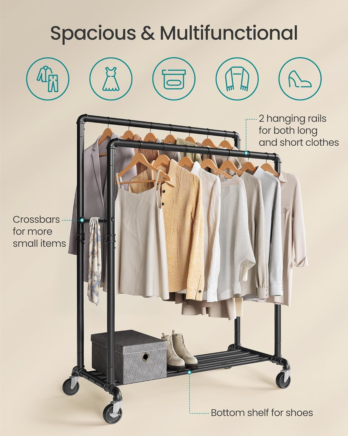 SONGMICS Heavy-Duty Clothes Rack, Double-Rod Clothing Rack for Hanging Clothes, Industrial Garment Rack on Wheels, Metal Frame, 2 Casters with Brakes, Commercial Display, Black UHSR60B image number 3