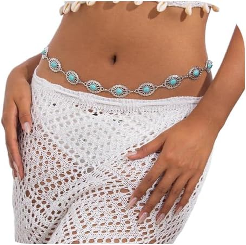 Vintage Ocean Waist Chain Belt for Women Summer Beach Blue Bead Waist Chain Jewelry Adjustable Metal Belly Belt for Dress image number 1