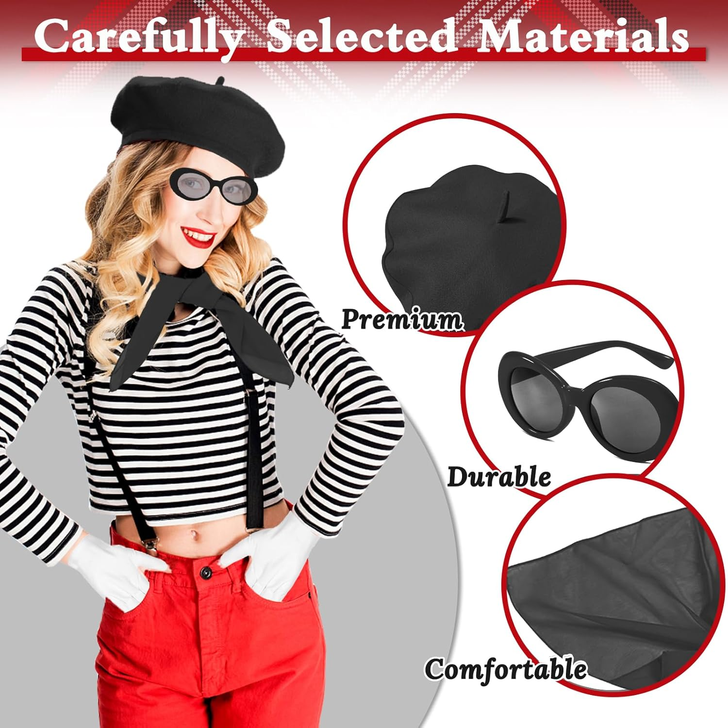 French Women Fancy Dress Costume Accessories Set French Artist Mime Kit with Red Beret Scarf Sunglasses Gloves for Women Girls Cosplay Party Supplies School Dress up Day image number 3