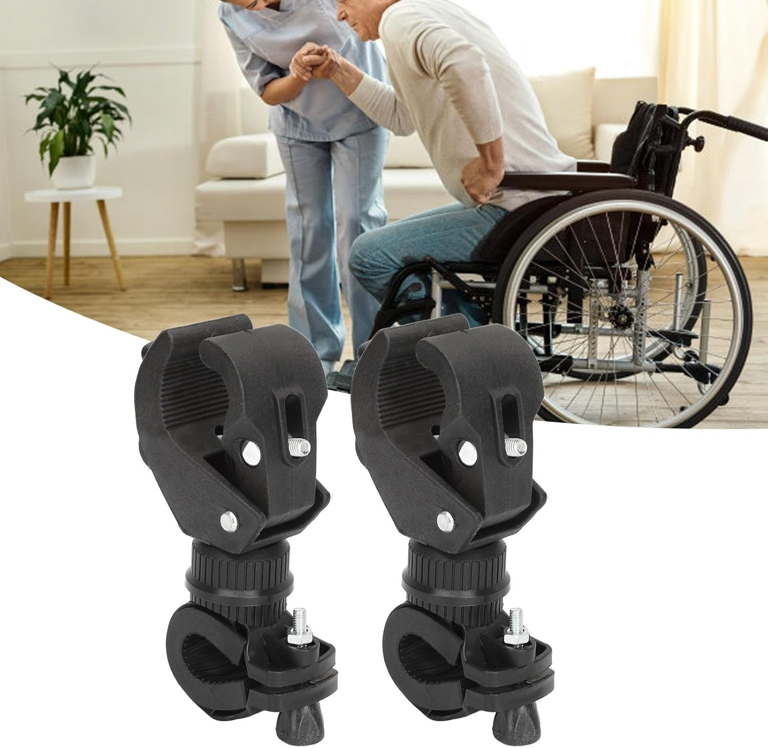 Cane Holder for Walker, 2 Sets 360&deg; Rotation Universal Adjustable Walking Stick Holder, Walking Stick Rack Wheelchair Accessories for Seniors Wheelchairs, Walker Rollator image number 3