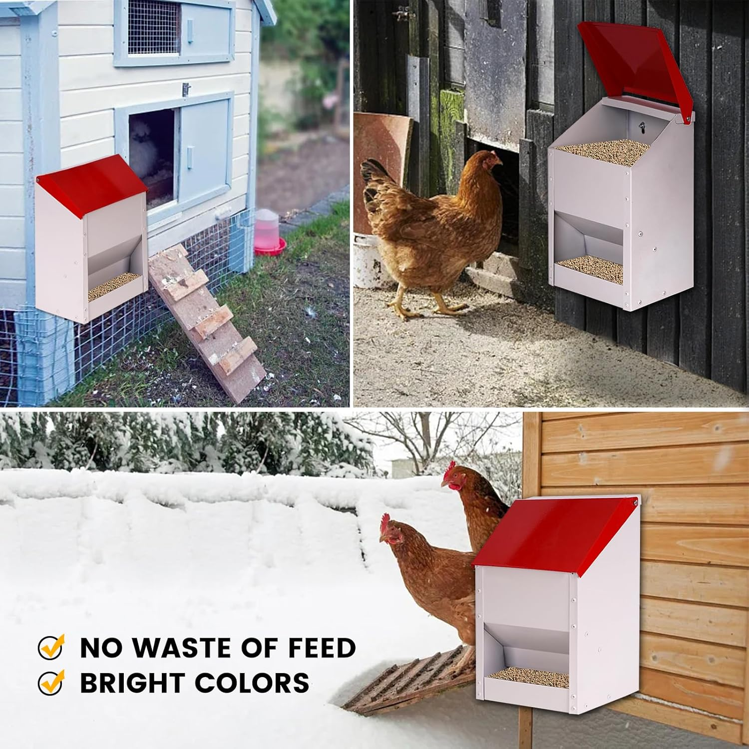 Galvanized Wall Mount Chicken Feeder No Waste Hanging Chicken Feeder with Lid Weatherproof Metal Automatic Poultry Feeder Trough Food Dispenser for outside Coop (10 Lbs) image number 2