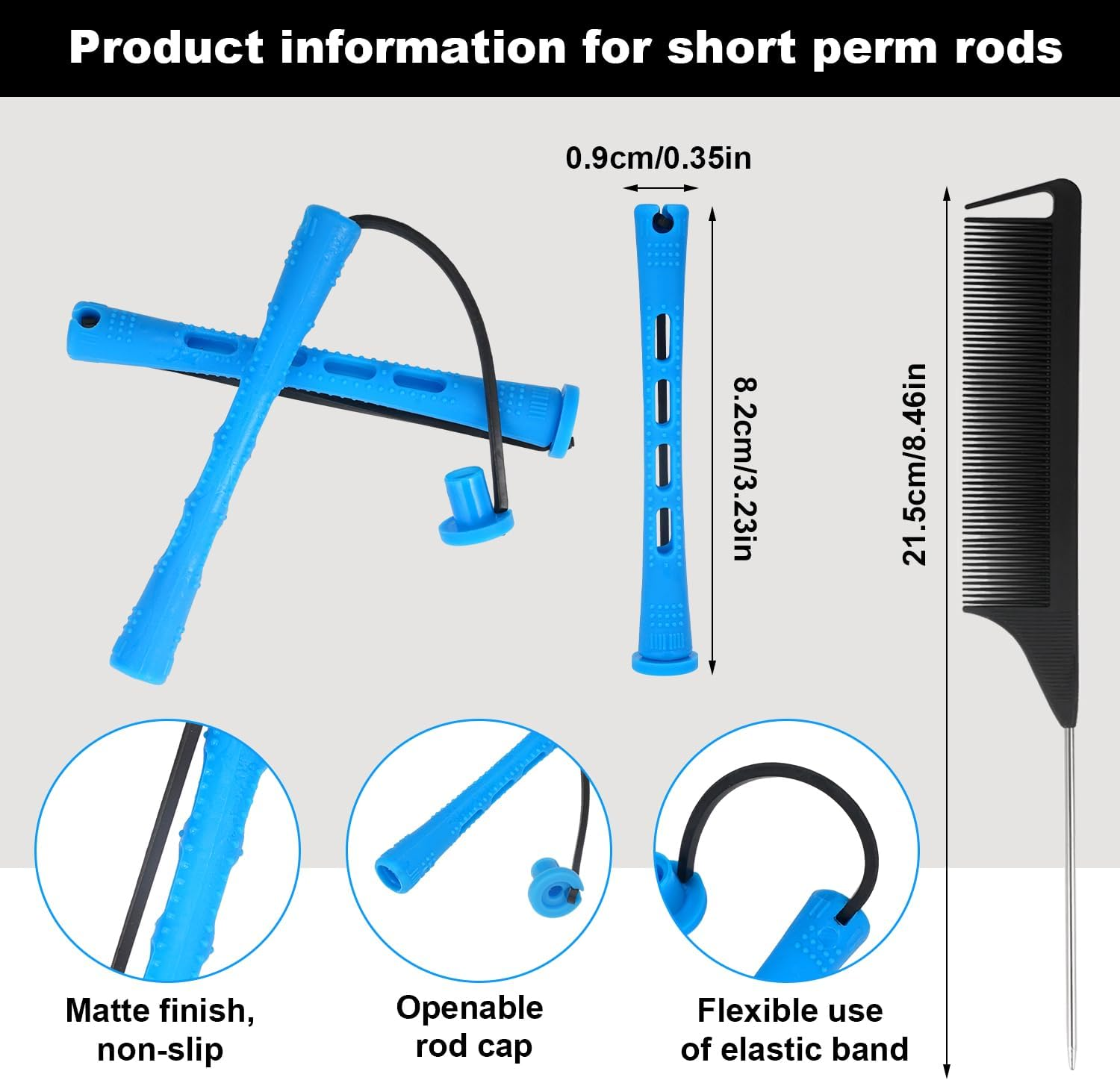 Pack of 50 Small Curls, Perm Set Curlers Hair Wave Rods Curlers for Perm Short Cold Wave Bars with Rat Tail Comb, for Hairdresser (Blue, Diameter 0.35 Inches) image number 2