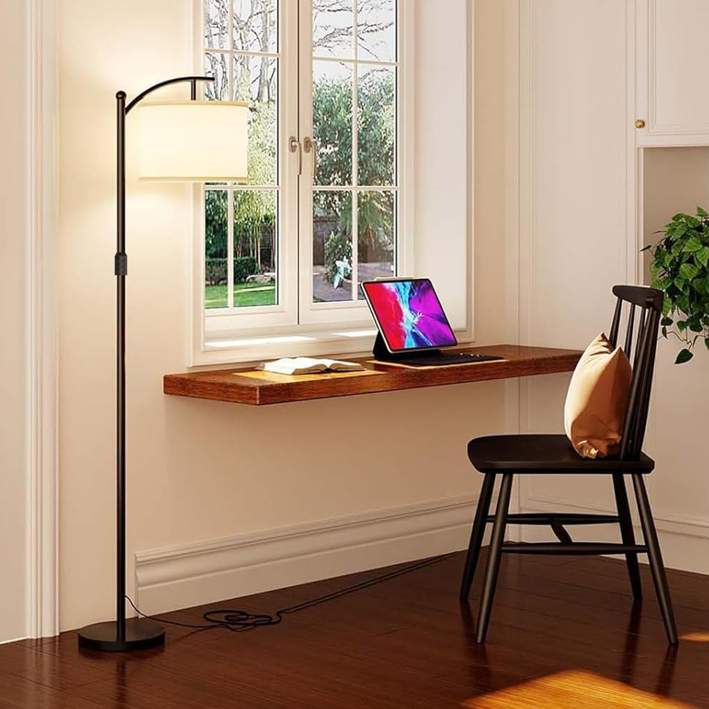 Clora Modern Arc Floor Lamp Standing Lamp with 3 Color Temperatures, 160-175Cm Adjustable Height Corner Tall Lamp with Linen Shade & 12W LED Bulb Included for Living Room Bedroom Office Dorm Reading image number 2