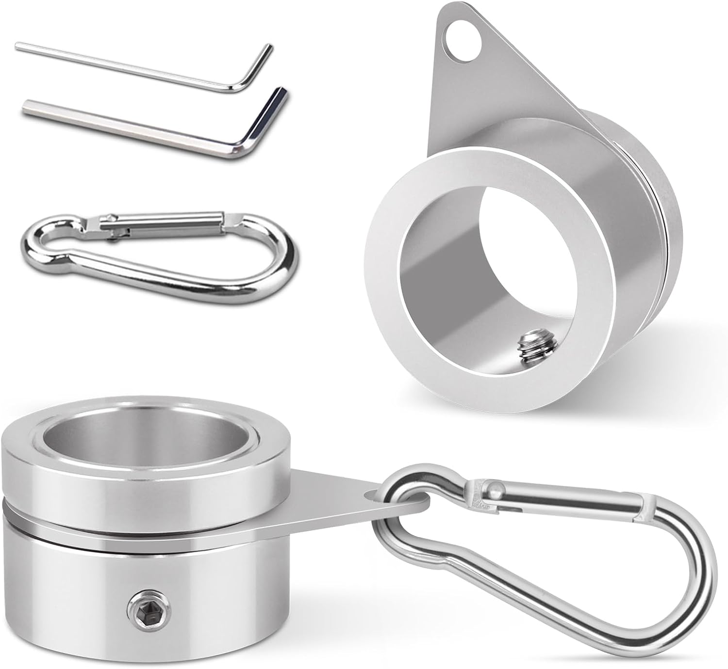 Loretoy 2 Pack Aluminum Alloy Flag Pole Rings, 360 Degree Rotating Flagpole Flag Mounting Rings Spinning Flag Pole Kit with Carabiner for 0.75-1.00 Inch Diameter Flagpole (&Phi; 1 Inch, Silver)