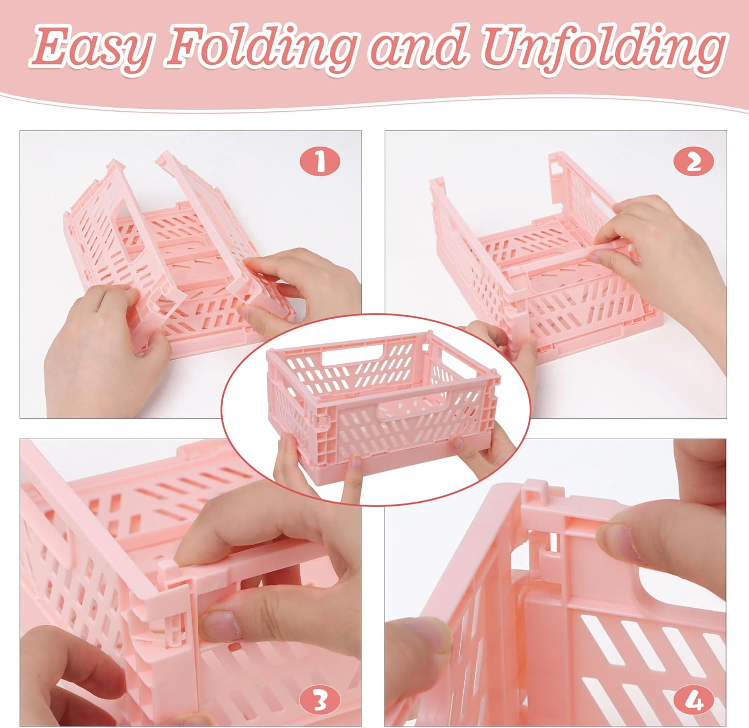 4-Pack Pink Baskets Plastic Storage Crate Small Baskets for Organizing Collapsible Storage Crates for Desk Organizers,Stackable Cute Storage Bins for Classroom,Office,Bathroom 5.9"X 3.9" X 2.3" image number 1