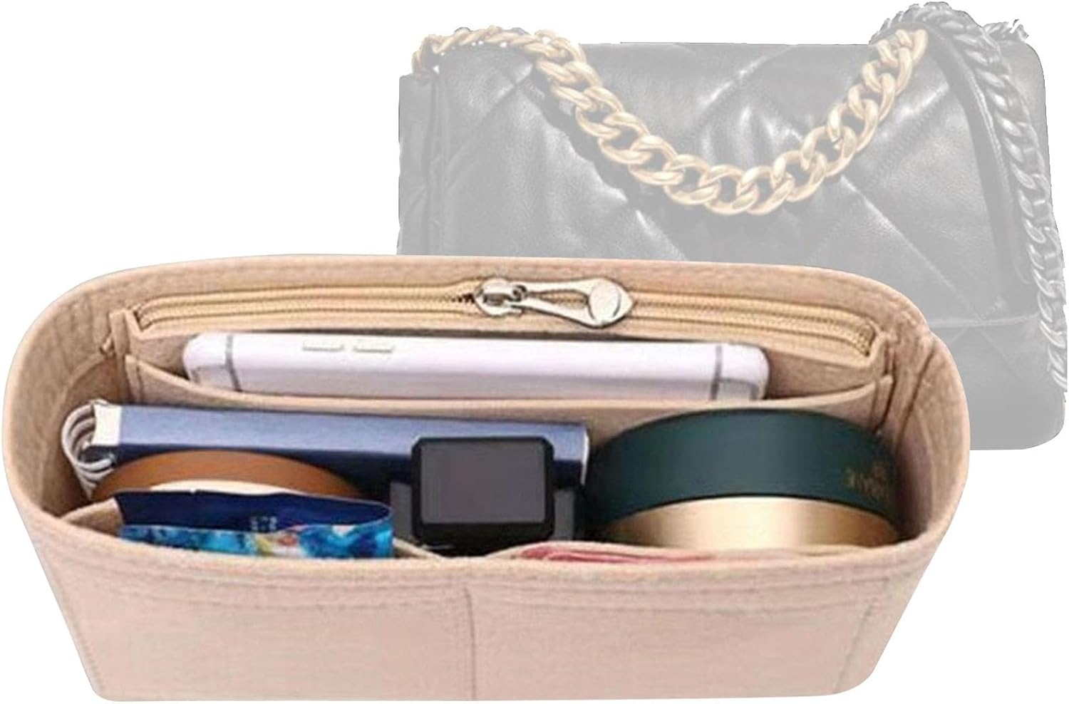 Lckaey Purse Organizer Insert for 19 Flap Small Bag Small Bag Organizer with Side Zipper Pocket Beige 1016 24 * 7 * 12Cm
