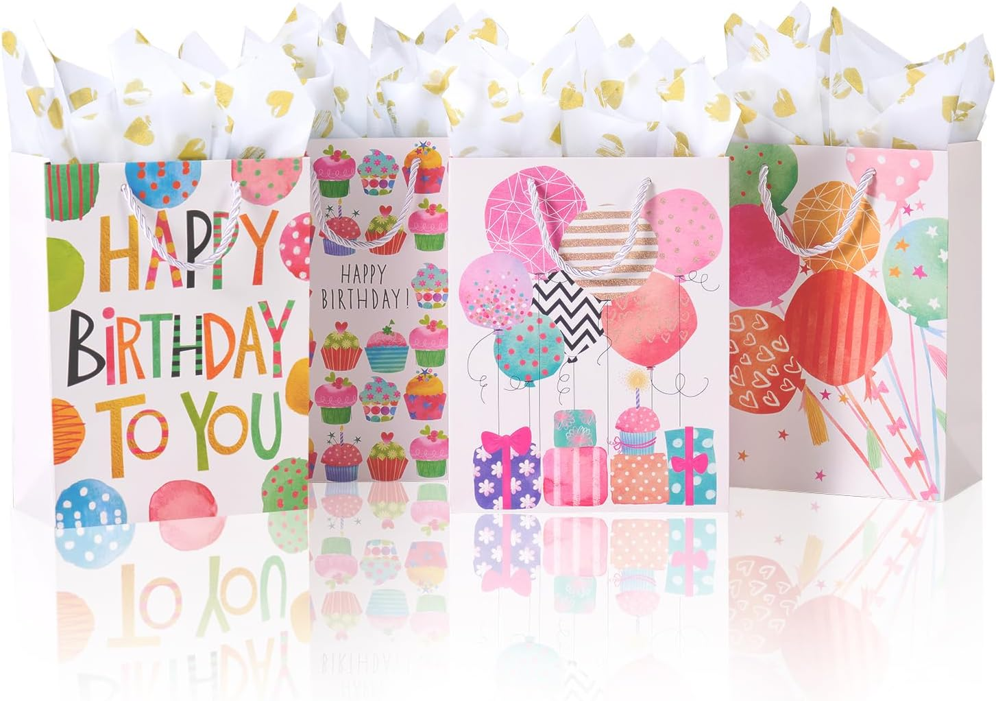 4 Pack Gold Gift Bags with Tissue Paper, 7X3X9 Inch, Perfect for Birthdays, Showers, Fathers' Day, Christmas, Weddings and Parties