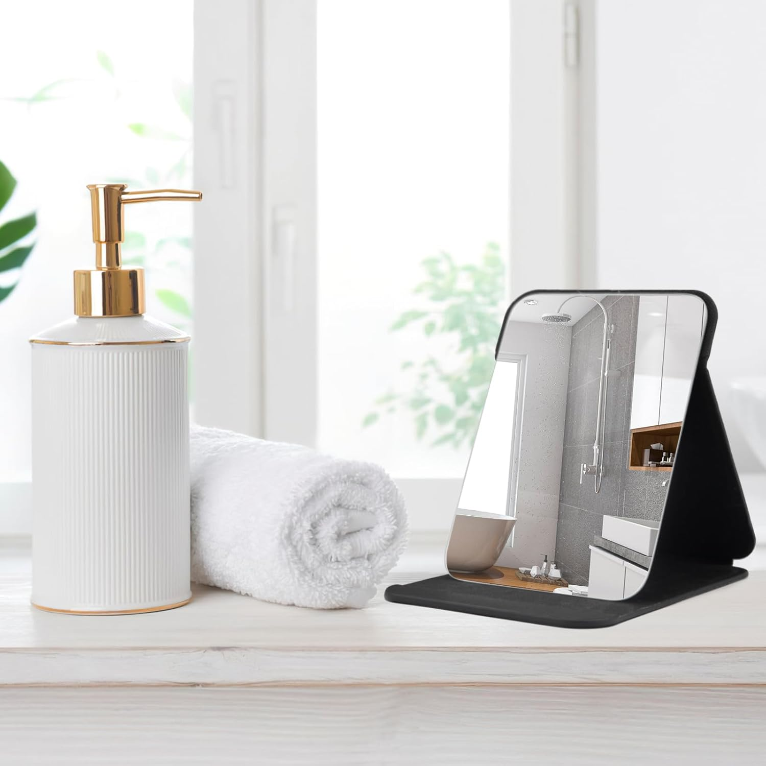 OWLKELA 16X11Cm Portable Folding Mirror, Super HD Compact Makeup, Black PU Leather Travel, Free Standing Vanity, Tabletop Foldable image number 5