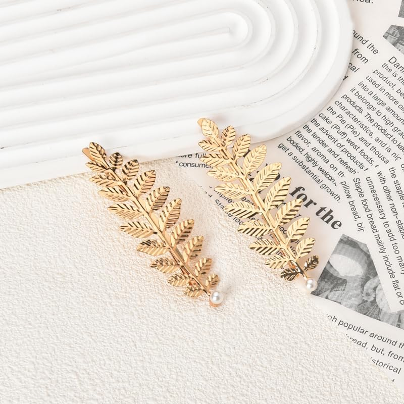 Guqqeuc Leaf Hair Clips Greek Goddess Hair Barrettes for Women Girls Leaves Bobby Pins for Wedding Bridal Hair Clip Prom Tiaras Pearl Leaf Headpiece for Bride Bridesmaid 2Pcs image number 1