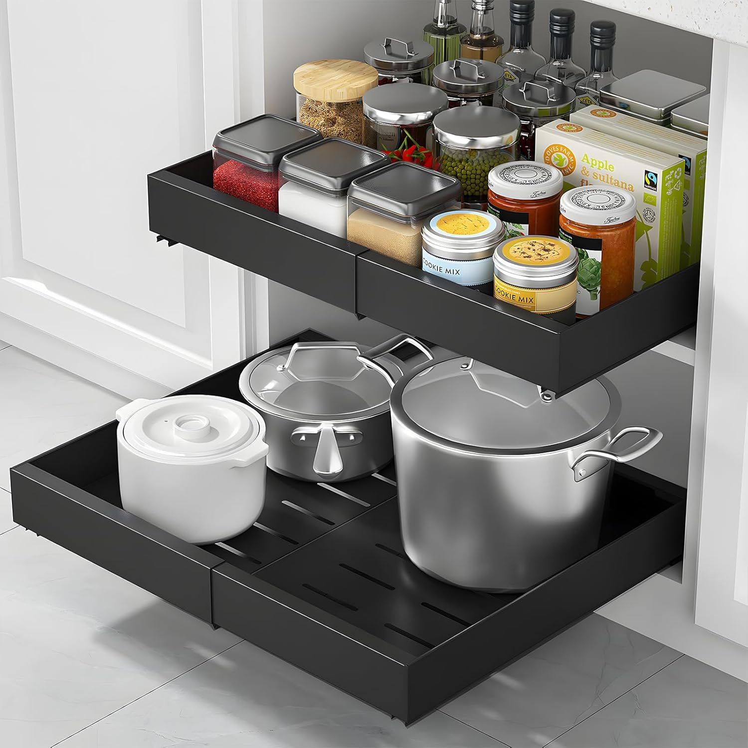 Pull Out Cabinet Organizer, Expandable Heavy Duty Slide Out Drawers Fixed with Adhesive Nano Film, Roll Out Shelf Storage for Kitchen Base Cabinet Organization,Pantry,Bathroom, Black 1Pcs(17.1"-26.7")