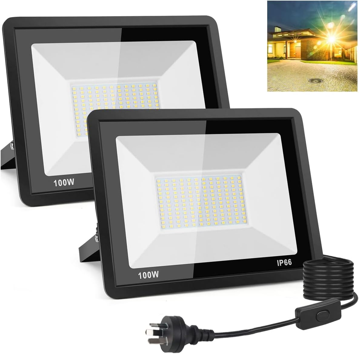 2 Pack 100W LED Flood Light Outdoor, 9000Lm LED Work Light, Floodlight with Plug On/Off Switch, 3200K Warm White Security Light for Yard Garden Stadium Garage Playground