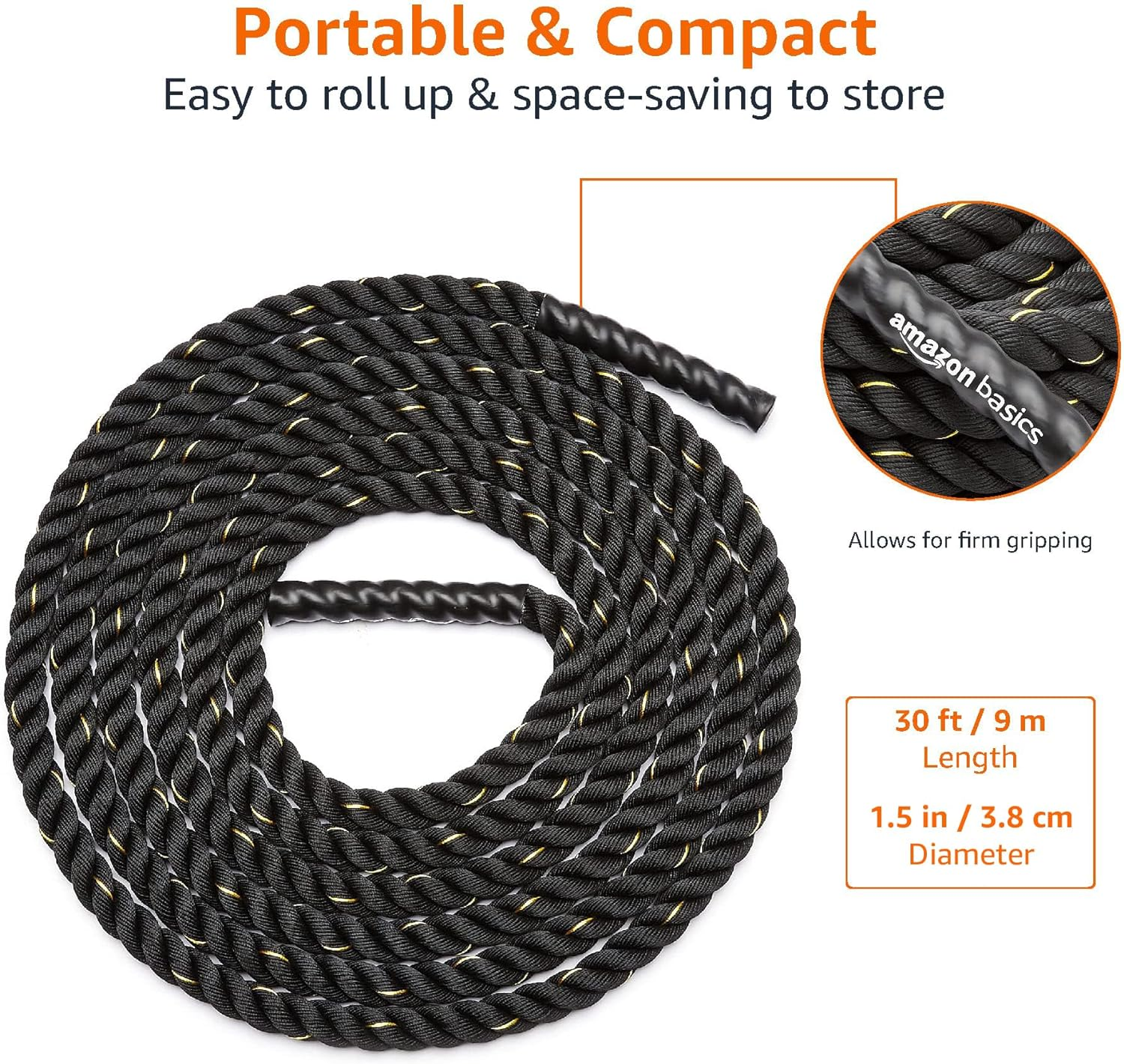 Amazon Basics Heavy Exercise Training Workout Battle Rope, 8.7 X 0.04 Meters, Black image number 2