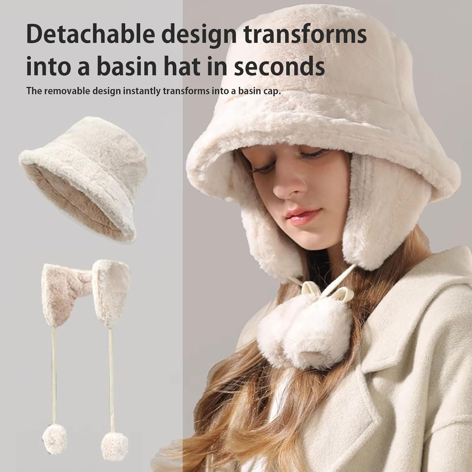 Bucket Hat with Earmuffs for Winter Women'S Warm Fluffy and Warm Makes Face Look Smaller Soft Winter Fleece Foldable Hat Cute Stylish for Bicycles School Walking One Size image number 4