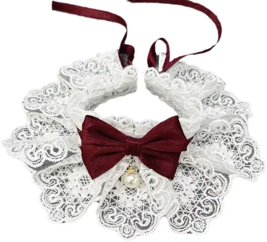 Pet Bib Laces Collar, Adjustable Strap Vintage Bowknot Bibs Collar Cute White Lace Dog Cats Bib Scarf Pet Costume for Cats Dogs Dress up Accessories (Dark Red, L(30Cm)) image number 2