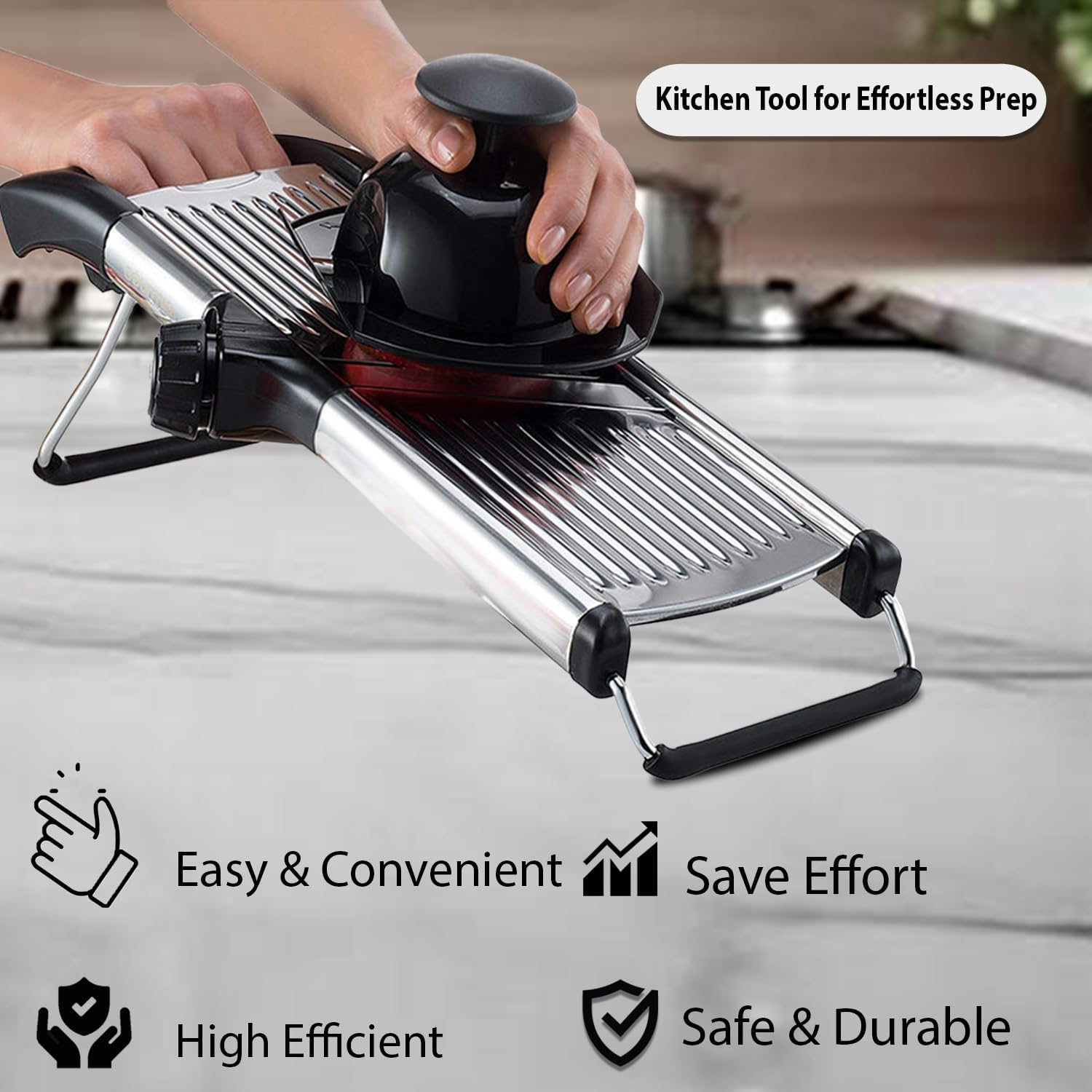 Chef Power High-Quality Mandoline Food Slicer with Stainless Steel Blade - Adjustable Vegetable Slicer - Mandoline Food Cutter with Hand Guard - Vegetable Slicers for Kitchen (Silver/Black) image number 4