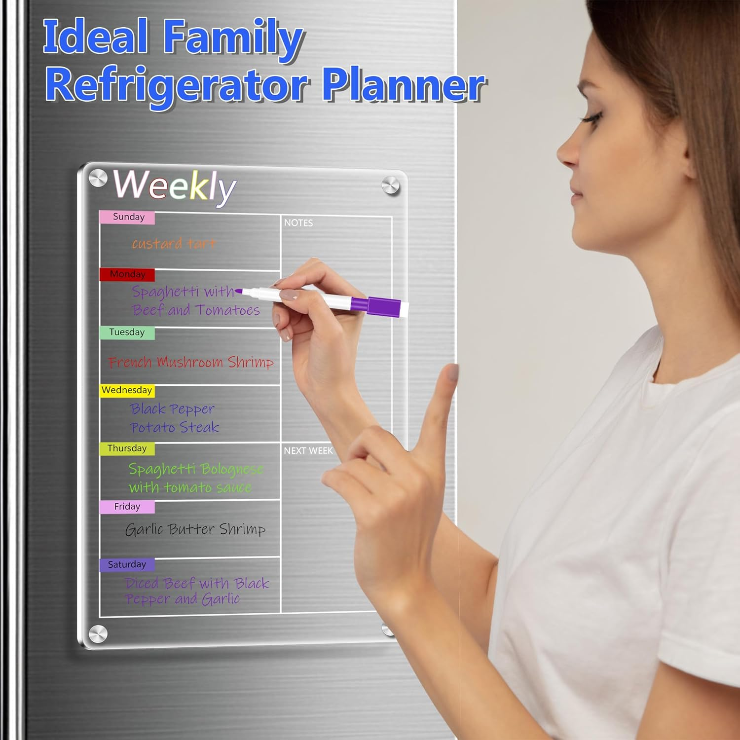 Zenbeya Clear Acrylic Meal Planner for Fridge, Magnetic Menu Board for Kitchen, Colorful Calendar Weekly Dry Erase Board for Refrigerator with 6 Magnet Markers & Eraser & Pen Holder (20X30Cm) image number 1
