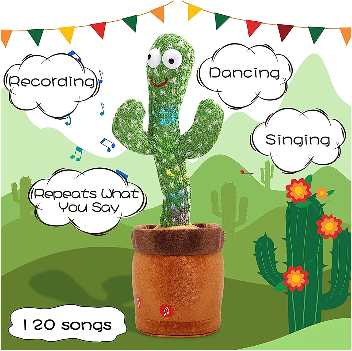 Dancing Cactus Electronic Talking Plush Toy with Lighting, Singing Cactus Recording and Repeats What You Say, Cactus Plush Toy for Children Family Decoration Fun Toys -120 Songs image number 2