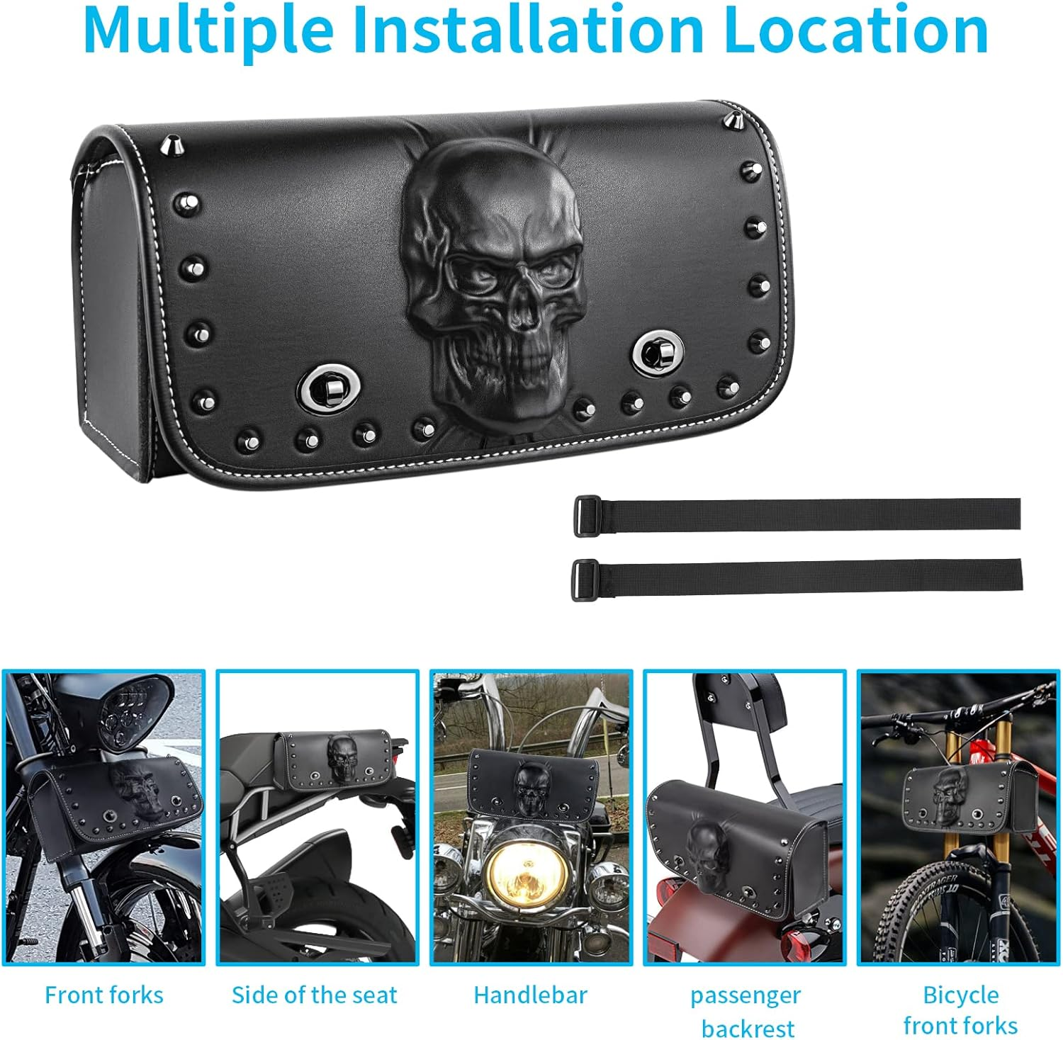 Universal Motorcycle 3D Skull Tool Saddlebags Front Fork Handlebar Bag PU Leather Sissybar Storage Pouch Compatible with Harley Dyna Scooter Softail Sportster Road King Kawasaki Suzuki image number 3