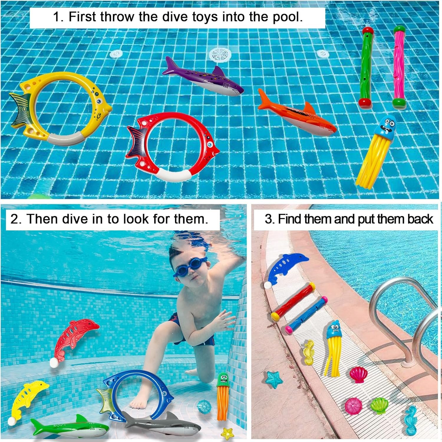 25Pcs Diving Pool Toys Set with Diving Stick Shark Diving Rings Gemstone Dolphin Underwater Swimming Pool Toys for Diving Game Kit with a Storage Net Bag image number 1
